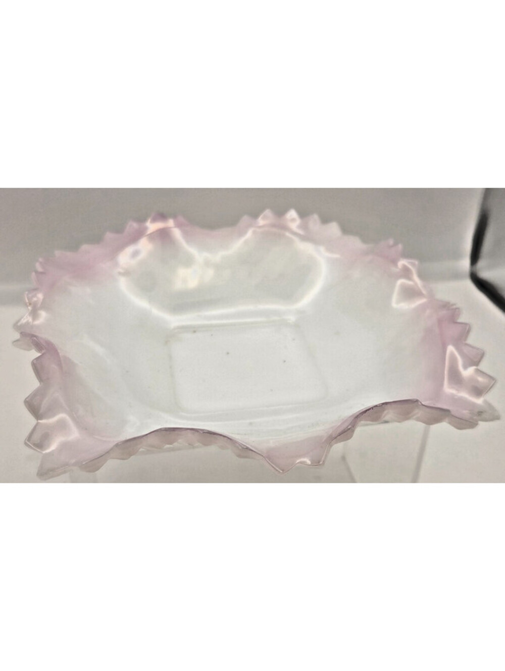MCM Vintage Pink Opalescent Milk Glass Bowl Sawtooth Rim Dish 7" Square